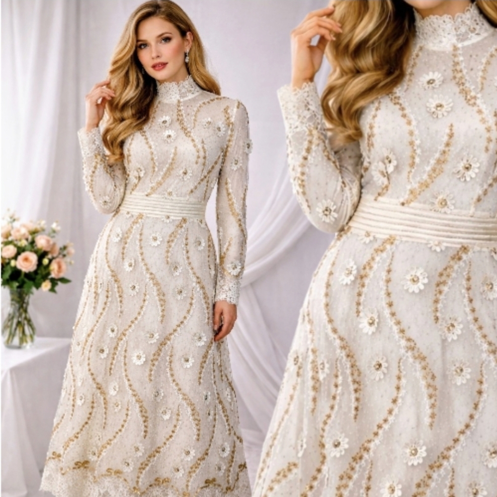Zhivago Custom Design White & Gold Floral Embellished Pearls Lace Dress Size M